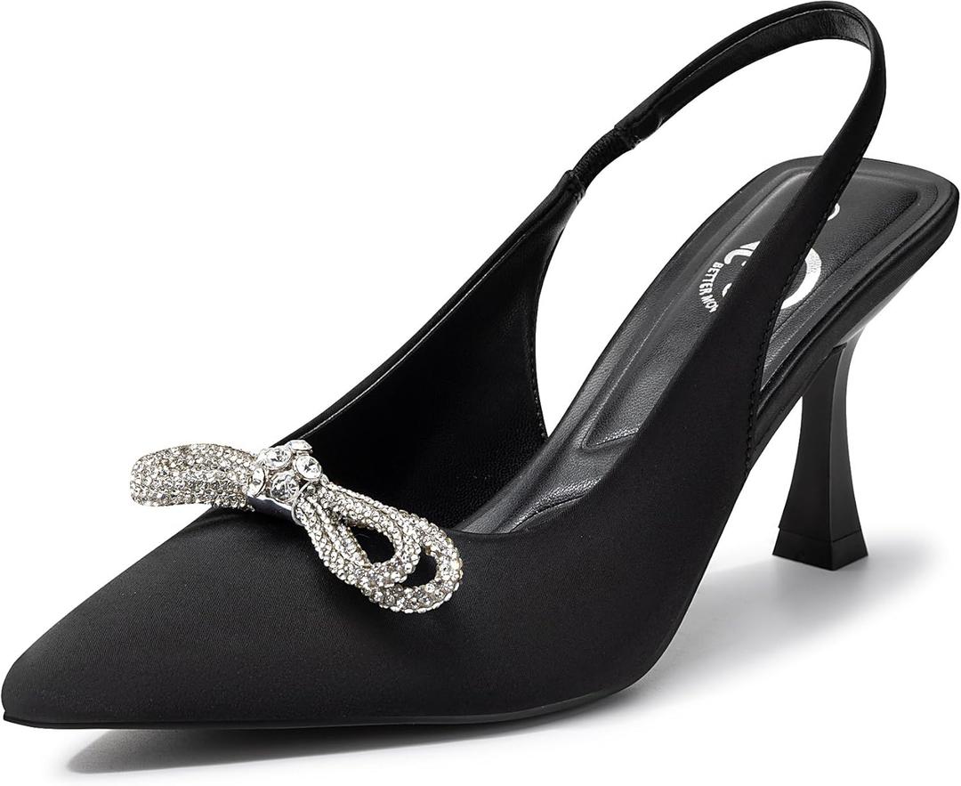 Trary Slingback Heels for Women - Pointed Toe Pumps, Comfortable & Stylish for Parties & Work - 3.2inch High Heels, Rhinestone & Glitter Dressy Shoes (7, Silk Black)
