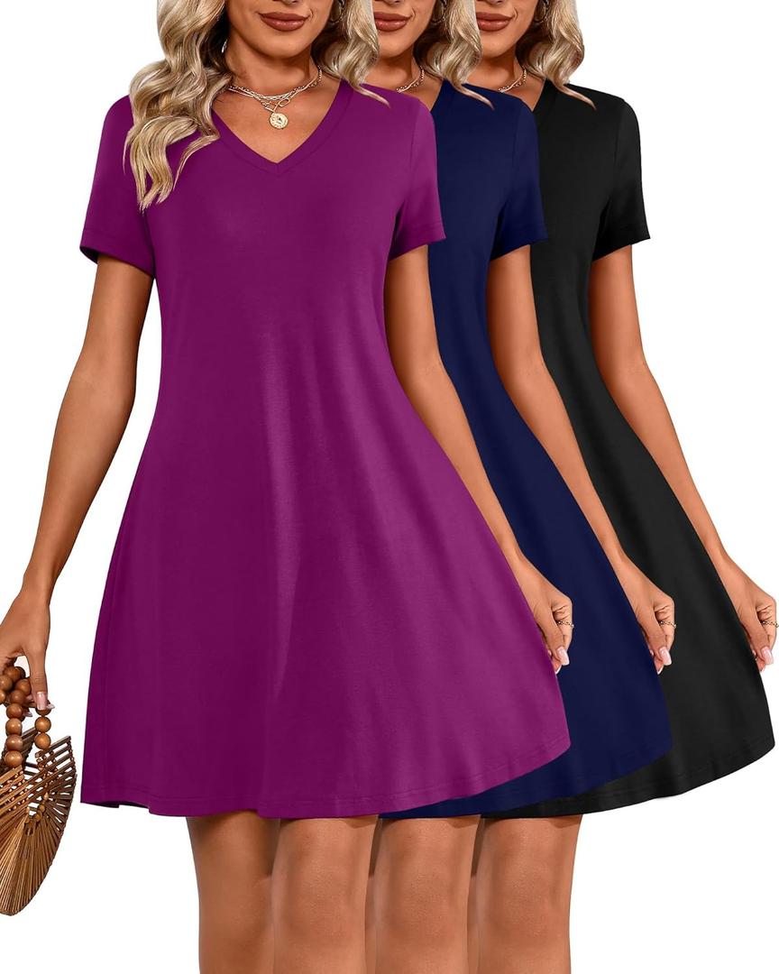 Huukeay 3 Pack Women's V Neck Short Sleeve T Shirt Dress Trendy Basics Dress (X-Large)