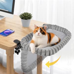 Pawow X-Large Cat Desk Bed - 90 Foldable Space-Saving Cat Beds, 2 Washable Covers (Faux Rabbit Fur & Cool Mesh), Heavy-Duty Frame Supports 40lbs, Easy Install Pet Perch for Office & Game Tables