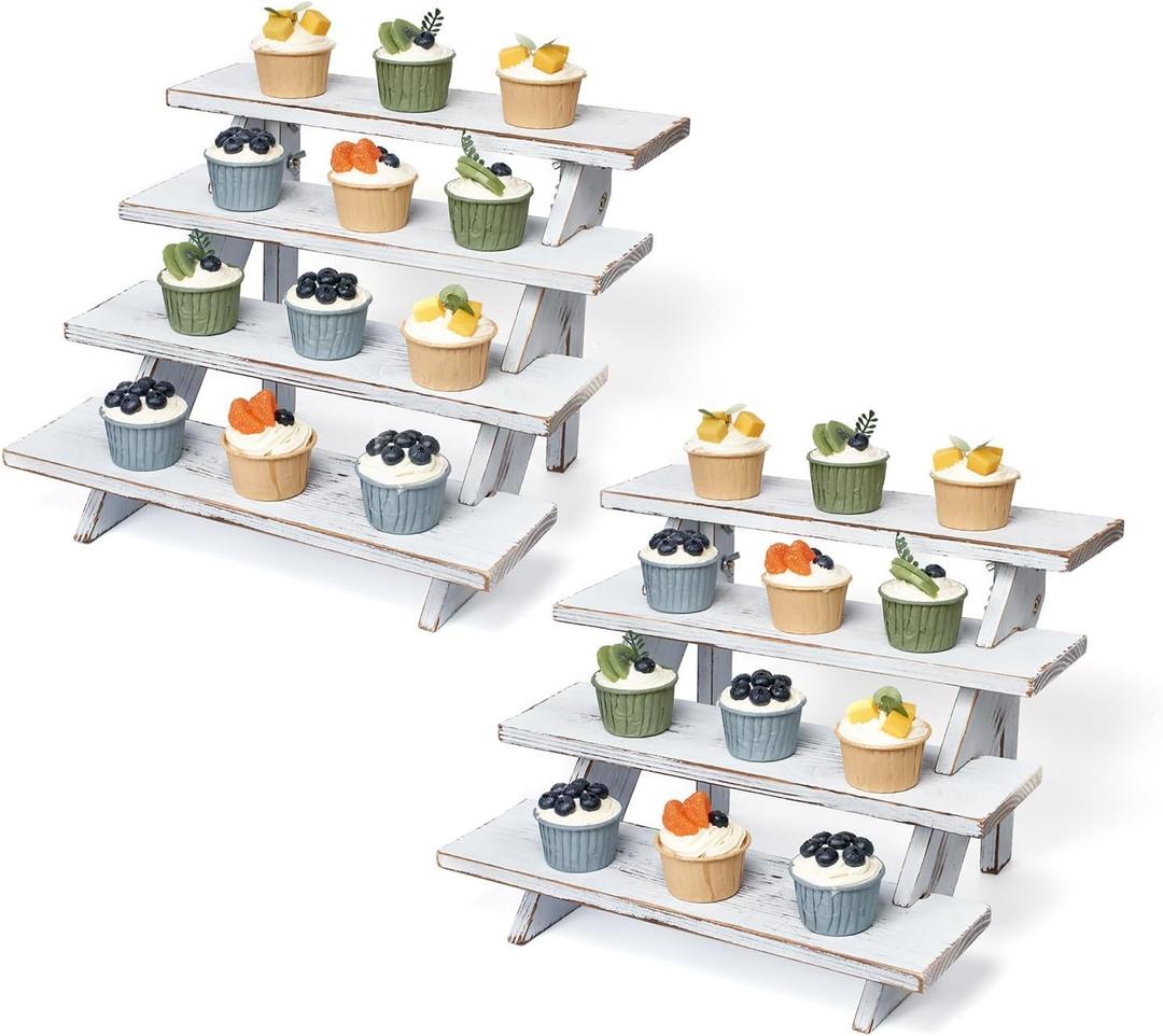 2Pcs Wooden Rustic Cupcake Stand for 24 Cupcakes, Stepped Wood Display Stand for Weddings, Tiered Party Table Display Riser for Food , Dessert, Cookie, Decor, Craft Show, White