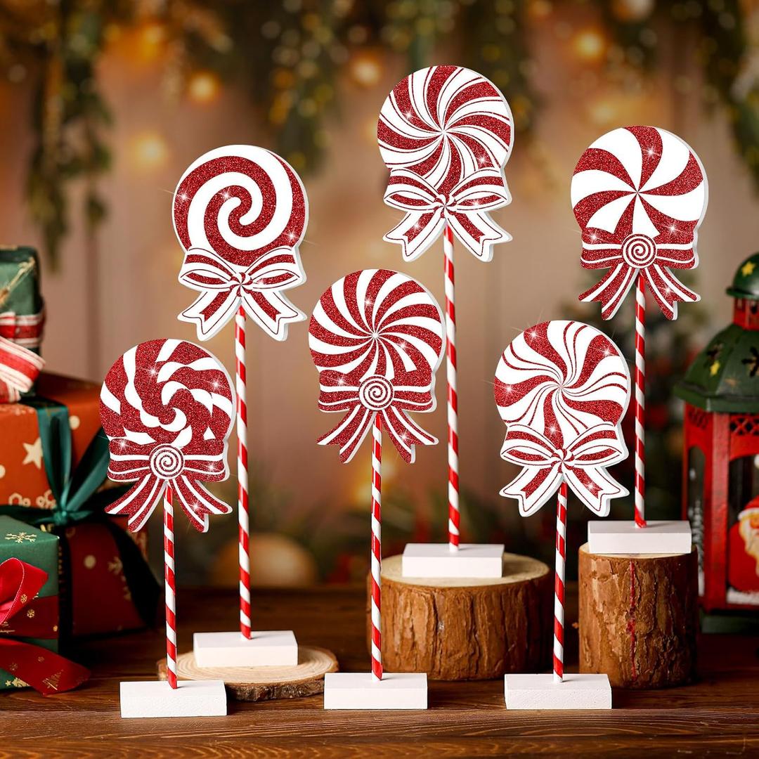Vercraft 6 Pieces Christmas Candy Wooden Tabletop Decor Candy Cane Tall Standing Wood Block Xmas Cane Table Centerpiece Sign for Christmas Tiered Tray Home Desk Office (Gold Powder, Red and White)