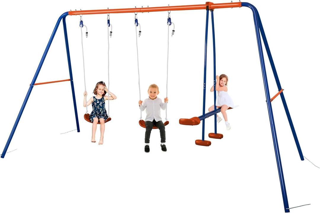 HLC Metal Kids Garden Swing Set with Glider for Toddler Heavy-Duty A-Frame with 2 Seats and 1 Swing Glider for Outdoor Backyard, Ages 3-10, Hold up to 440lbs