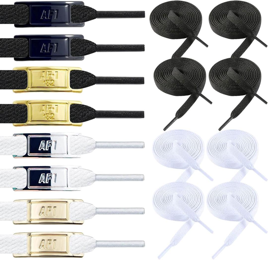 Shoe Lace Charms for Air Force 1 Laces, 4 Pairs of Original Sneakers Replacement Metal Lace Tag and Black White Shoe Laces String, Adult Teen Personalized Decoration Buckle Kit for AF1 Shoelaces