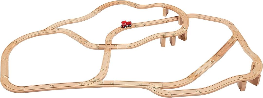 Amazon Basics 65-piece Wooden Train Railway Construction Set with Track - Compatible and Train Railroad, Wooden Toys for Kids, Gift for Age 3Y+