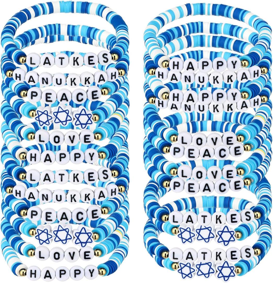 Landical 24 Pcs Hanukkah Beaded Bracelets Hanukkah Gifts Jewish Party Supplies Stack Star of David Menorah Dreidel Charm Bracelets Heishi Celebrating Gift for Women Men Christmas Holiday Party Favors