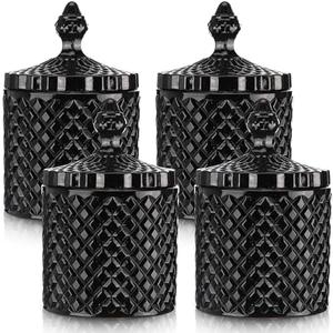 Aoriher 4 Pcs Crystal Glass Candy Jar Set with Lids Home Decorative Storage Jars for Apothecary, Bathroom, Kitchen, and Pantry, Ideal for Cotton Swabs and Jewelry(Large,Black)