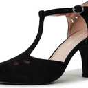 J. Adams Pepper Mary Janes - Vintage Cutout Low Kitten Heels Retro T Strap Pumps (6.5, Black Vegan Suede)