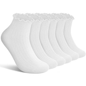 wernies Ruffle Socks Womens 6 PairsCute Ankle Lettuce Edge Frilly Crew Socks, White, 5-9