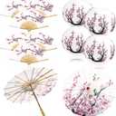 Tallew 12 Pcs Cherry Japanese Blossom Decor Set Chinese New Year Decorations 4 Blossom Pink Paper Lanterns 2 Umbrella and 6 Handheld Silk Folding Fans for Wedding Party Favor, Dancing, Cosplay