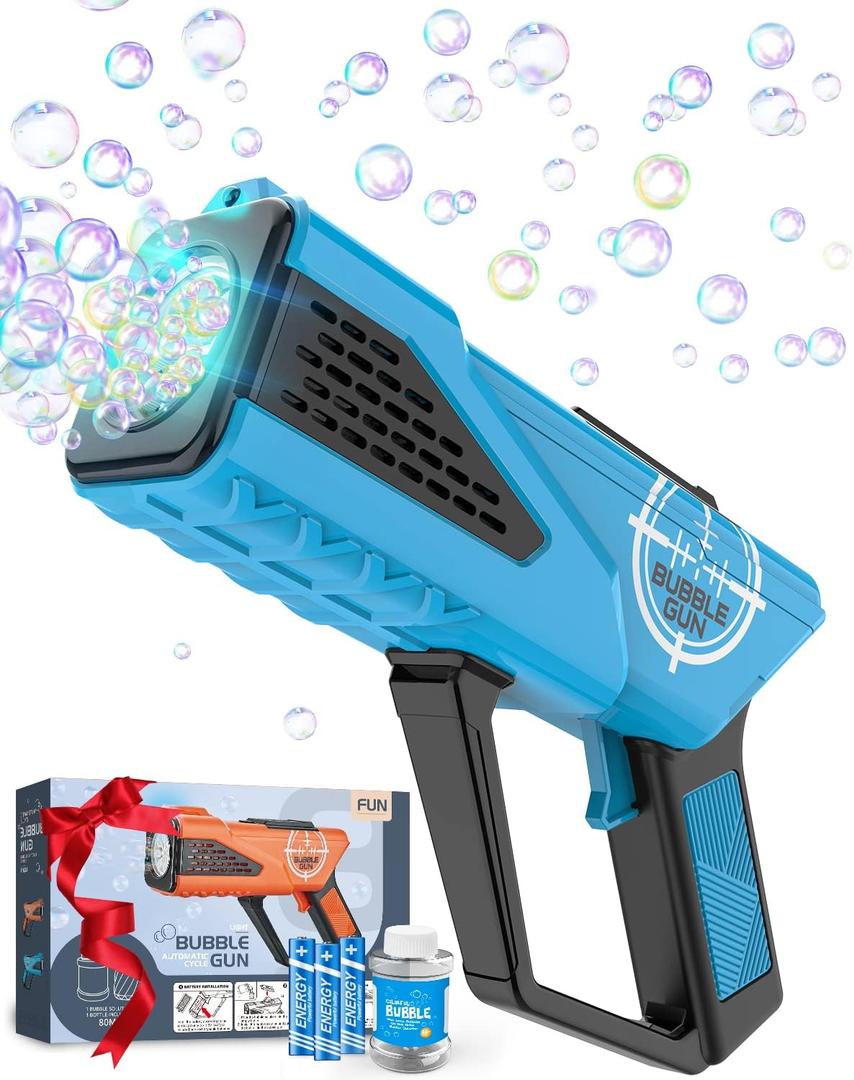 Bubble Gun - Bubble Machine for Kids - Bubbles Blaster with 8-Hole Wands & LED Light, Include Bubble Solution & Batteries - Boys Gifts Toys for Ages 3+ Year Old, Outdoor/Birthday/Party (Blue)