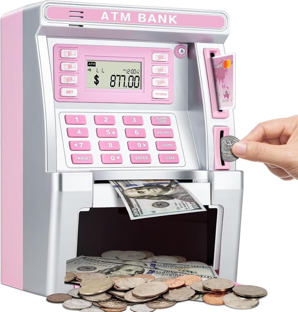 Pink Piggy Bank for Kids, ATM Machine Bank for Real Money with Debit Card, Bill Feeder, Coin Recognition, Balance Calculator, Electronic Savings Safe Box, Gifts for Teen Boy Girl, Medium
