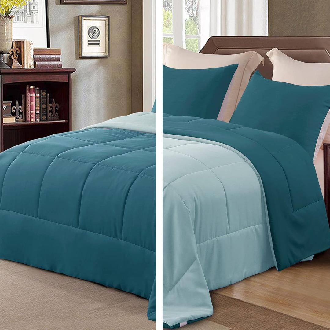 Exclusivo Mezcla Lightweight Reversible Twin Size Comforter Set, Down Alternative Comforter with 1 Pillow Sham, Twin Size Bedding Set for All Seasons, Dusty Teal/Aqua Blue