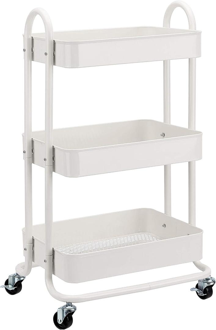 Amazon Basics 3-Tier Rolling Utility Cart, Storage Organizer, Lockable Wheels, Multifunctional Storage, Portable Mobile Shelving Unit, White