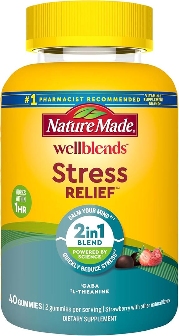  Nature Made Wellblends Stress Relief Gummies, L theanine 200mg to Help Reduce Stress, with GABA 100mg, Same Day Stress Support, 40 Strawberry Flavor Gummies, : BB Date: Sep 2026