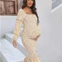 Spring Long Puff Sleeve Maternity Dress Floral Ruffle Hem Mermaid Baby Shower/Photoshoot Dress (Yellow, XL)