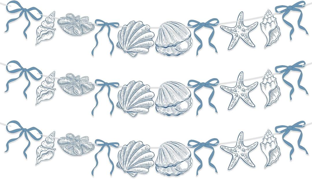 3 PACK Summer Banner Seashells Decor Party Decorations Party Supplies Birthday Decor Decorations Blue Bow Starfish and Seashell Garland Ocean Coastal Nautical Beach for Women Men Baby Showre