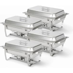 Alpha Living 4 Pack Chafing Dish Full Set  Stainless Steel Catering Chafer with Lids, Pans & Fuel Holders  Buffet Food Warmers for Parties, Events & Weddings  Alpine Gray Handles