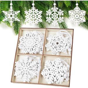PPRAFDD 16 PCS White Wooden Snowflakes Ornaments 8 Styles 3-inch Christmas Wood Snowflake for Crafts Hanging Decorations with Twine for Winter Home Tree Garland Christmas Decoration