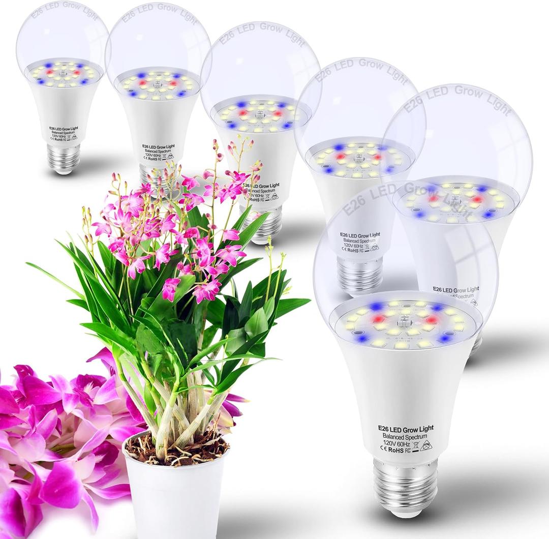 E26 A19 LED Plant Grow Light Bulbs Indoor Plants Full Spectrum, LED Sun Light Bulbs Plant Growing 100W Equivalent with Balanced Spectrum 5000K Red Blue Yellow for Seeds Greens Flower Fruit Garden, 6Pack