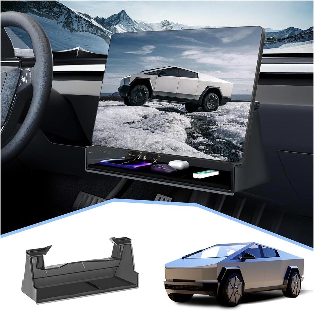 Center Console Organizer Under Screen Storage Box for Tesla Cybertruck Accessories 2025, Screen-Mounted Storage Hanger with Anti-Slip Silicone Lining, No Tape Dashboard Hidden TrayBlack