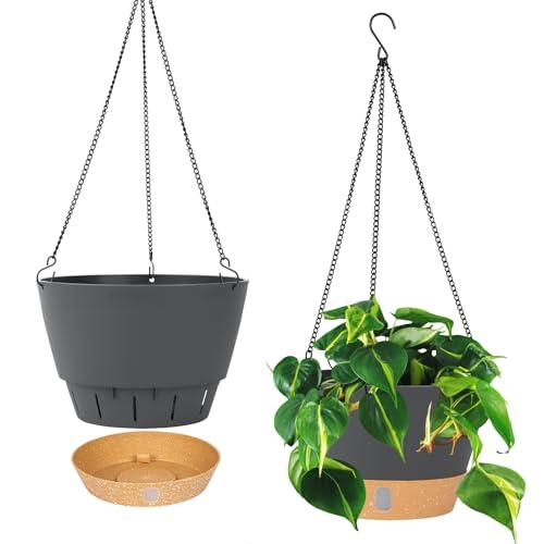QCQHDU 2 Pack Hanging Planters for Indoor Outdoor Plants, 10 Inch Hanging Baskets Flower Pots with Reservoir Tray & Visible Water-Level, 1 Piece