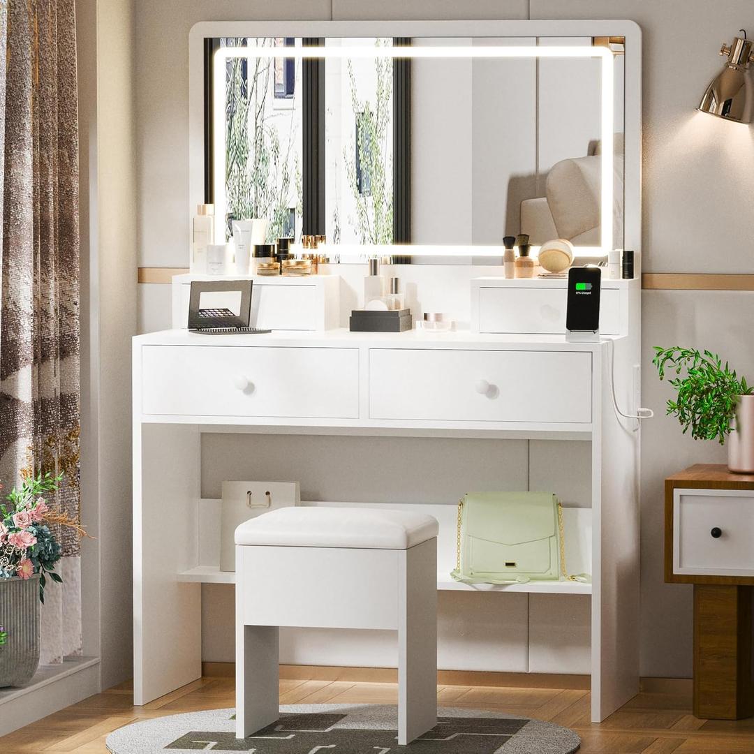Haewon Makeup Vanity Desk with Mirror, Lights and Charging Station, White Vanity with 3 Lighting Modes, Dressing Table Set with 4 Drawers and Storage Chair for Bedroom (Small)