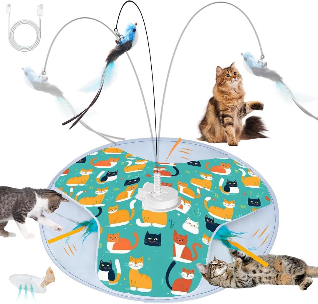 Interactive Cat Toy, Rechargeable Automatic Cat Toys for Indoor Cats, Motion Activated Hide and Seek Toy with Bird Cat Wand, Moving Feather for Bored Indoor Cats/Kittens (Kitty Cat Toy)