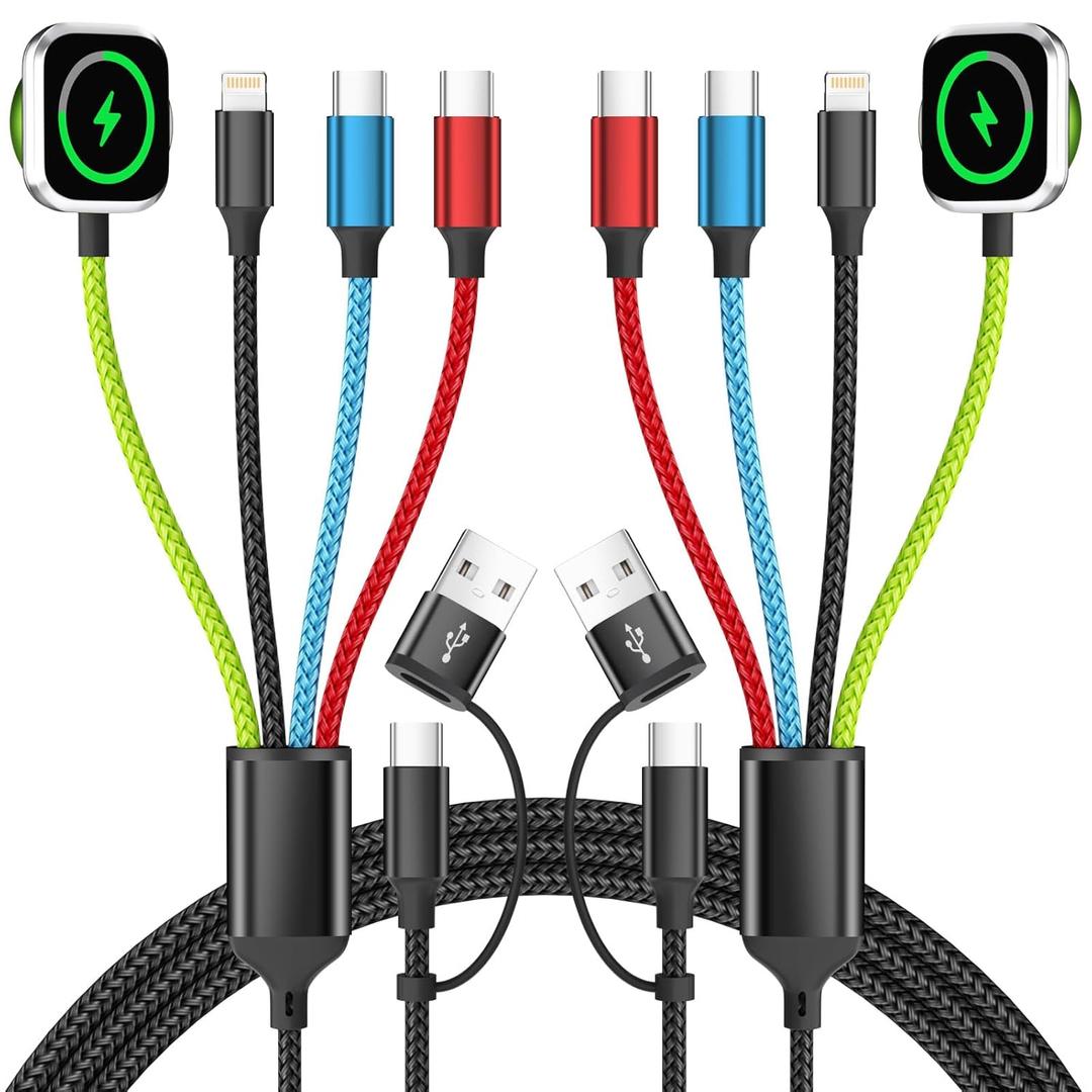 Travel Essentials Watch Charger, 4 in 2 Multi Charging Cable with Dual Type-C, USB A/C Travel Charger for Multiple Devices for iWatch Ultra/SE/11-2, iPhone 17-11, Galaxy S25-21, iPad (2PACK 5FT) (2Pack-Green_Black_Blue_Red)