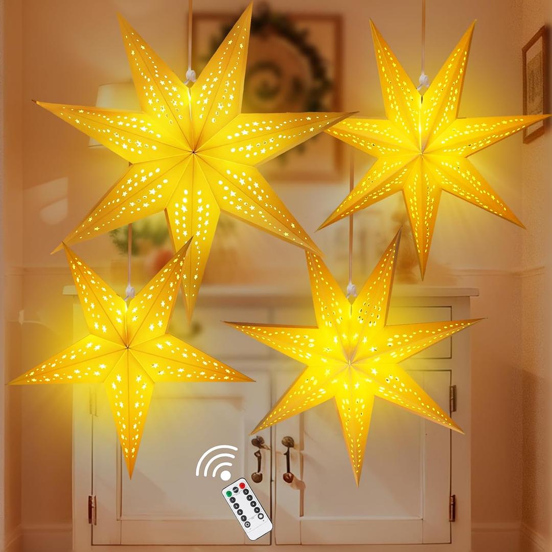 Large Paper Star Lanterns with Lights, 3D Hollow Out Christmas Paper Lanterns, 4Pcs Foldable Decorative Christmas Hanging Decorations for Xmas Wedding New Year Party Home Decor Indoor, 24/18 Inch