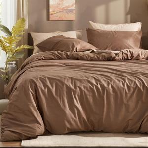100% Cotton Comforter Set Queen Size  Dark Brown, Linen-Like Texture, Super Soft & Breathable Lightweight Bedding Set, 3-Piece Durable Percale Comforter for All Seasons