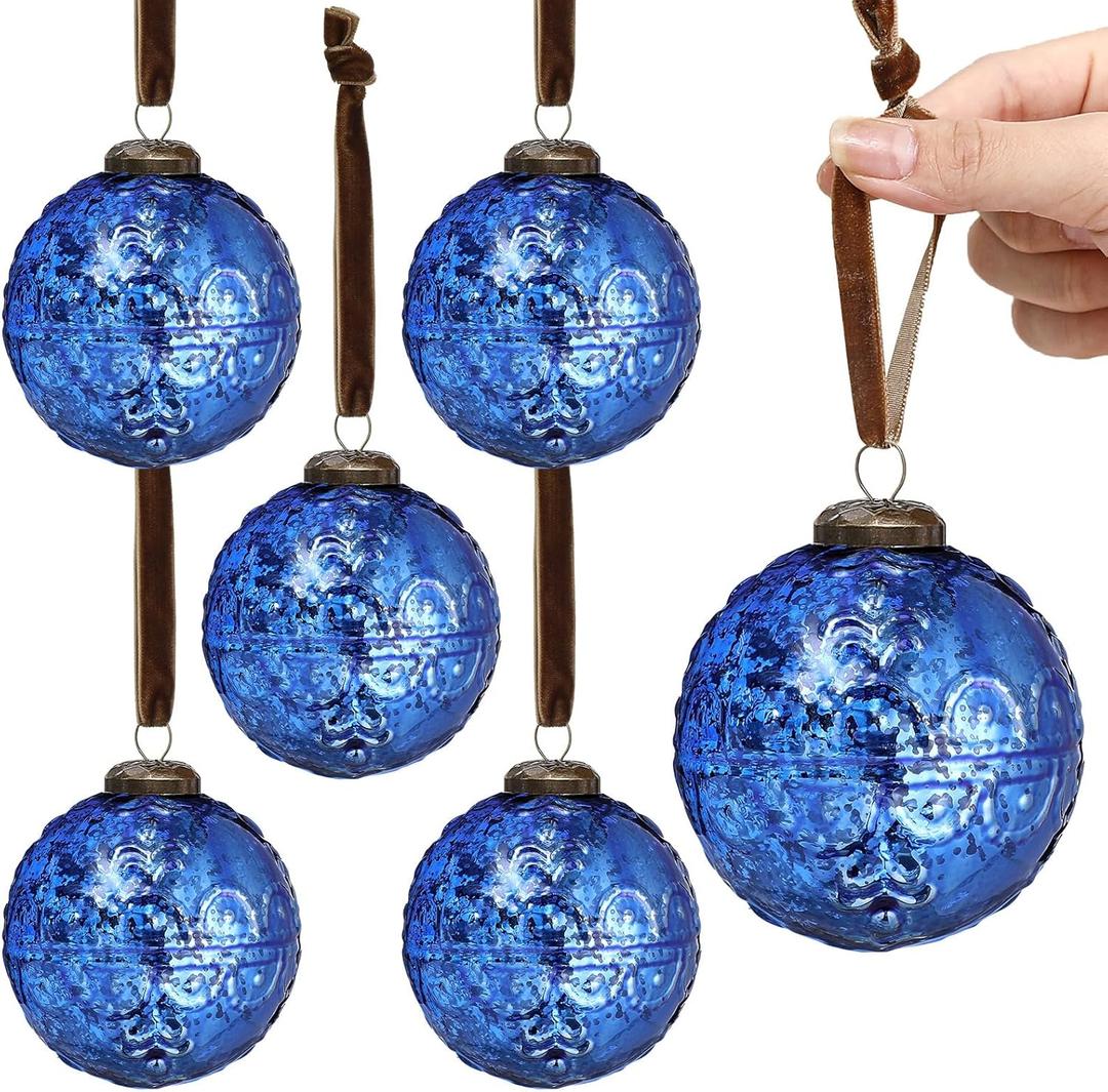 Threan 6 Pcs Large Vintage Mercury Glass Christmas Ornaments 3.15" Hanging Christmas Ball Ornaments Antique Embossed Ball Decorations for Xmas Tree Garland Wreath Holiday Decor(Royal Blue,Etched)