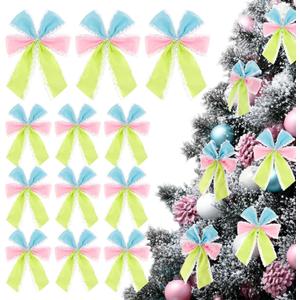 12 Pcs Pastel Bow Ornaments 6" * 7" Macaron Color Christmas Tree Bow Decoration with Lace Candy Christmas Hanging Ornament Ribbon Wreath Bows for Garland DIY Craft Wrapping Decorative