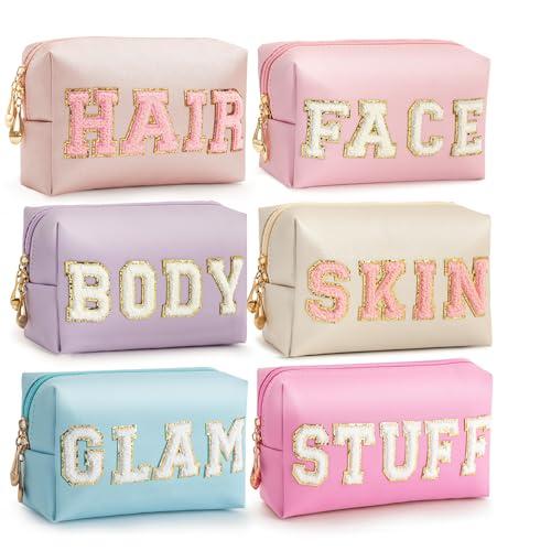 HBselect Preppy Makeup Bag 5 Pcs Travel Toiletry Bag Chenille Letter Patch Makeup Bag Portable Cosmetic Bag for Women PU Leather Waterproof Organizer Make up Bag for Women Girls