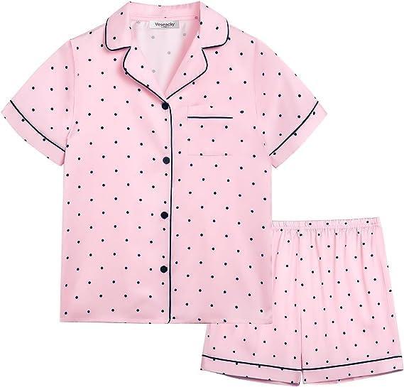 Veseacky Girl's Satin Pajamas Set Short Sleeve Button Sleep Shirt with Silky Shorts Set PJ for Teens (Pink Dots,size 12)