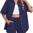 Womens Short Suit Set 2pcs Lounge Sets Summer Dressy Collared Button Down Shirt with Elastic Waist Drawstring Shorts (Medium, Navy)