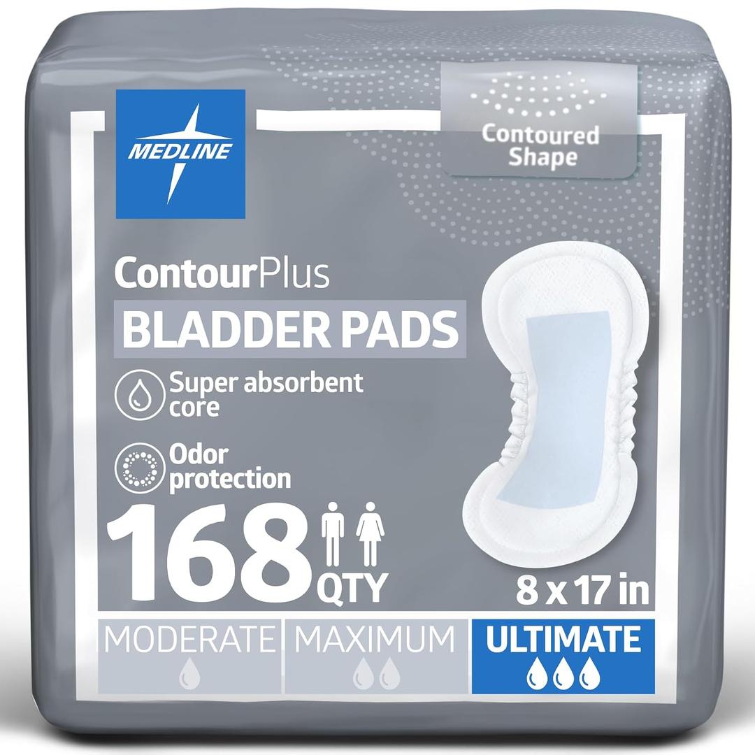 Medline ContourPlus Bladder Pads, Women & Men, Discreet, Long Length, Incontinence, Overnight, Postpartum, Leaks, Ultimate Absorbency, 8x17, 168-Count