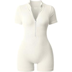 OQQ Women Rompers Ribbed Short Sleeve Zip Front Stretch Tummy Control Yoga Workout Rompers (White, XL)