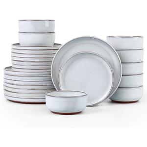 E-far Stoneware Dinnerware Sets for 8, 24 Pieces Reactive Glaze Plates and Bowls Sets, Elegant Dishes with Rustic Terracotta Clay Base, Dishwasher & Microwave Safe, Scratch Resistant, Glacier White