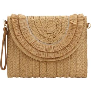 Gets Straw Clutch Purse for Women, Woven Beach Bag Summer Corssbody Purse Small Rattan Shoulder Bag for Travel (Raffia Fringed Khaki)