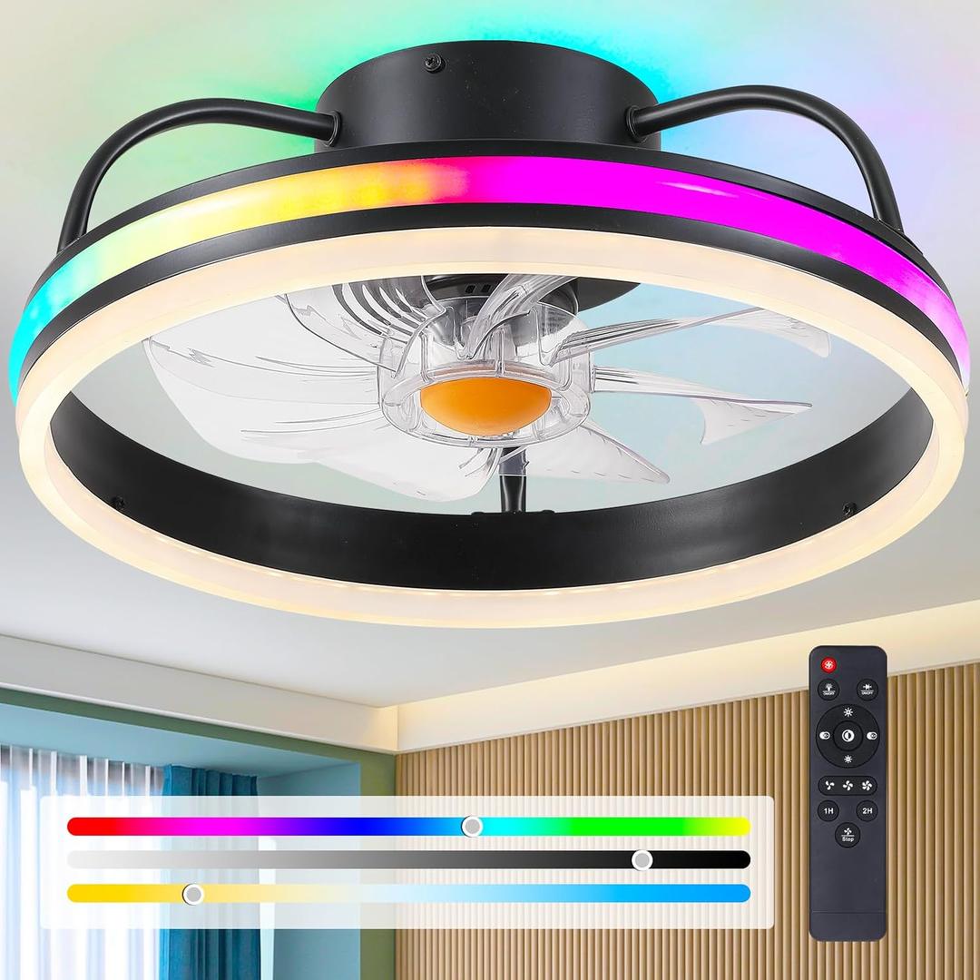 Ceiling Fan-Low Profile Ceiling Fan with Light - Modern Flush Mount Ceiling Fan ,16" RGB Dimmable LED Enclosed Ceiling Fans,Modern Bladeless LED-RGB Ambient Light for Bedroom Kids Room PartyBlack