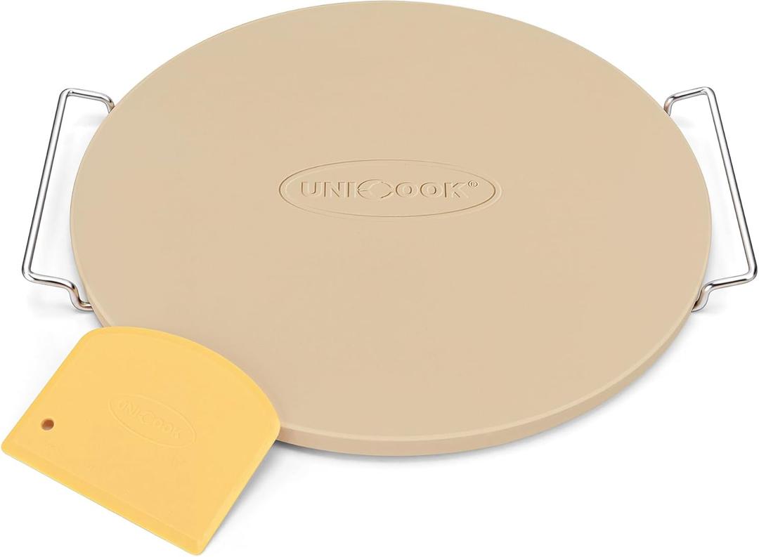 Unicook 15 Inch Round Pizza Stone for Oven and Grill, Oven Baking Stone for Bread, Cordierite Pizza Pan for Baking Crispy Bread, Pie and Cookies, Includes Carry Rack and Dough Scraper, 15" Dia