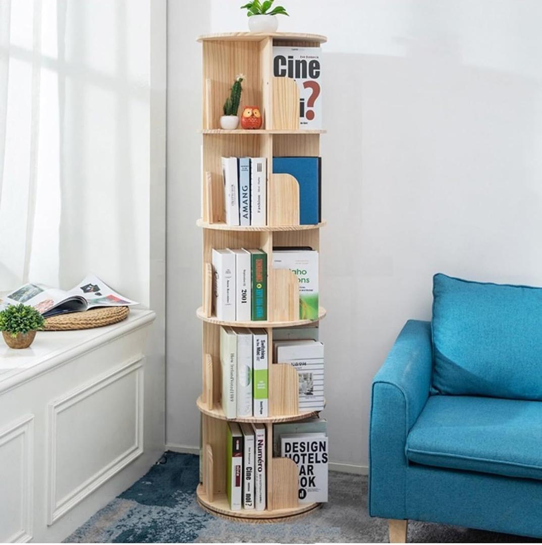 Heehee Wooden Rotating Bookshelf 360 Display Floor Standing Bookcase Storage Rack for Kids&Adults Multi-Functional Bookshelf Organizer (5-Tier)