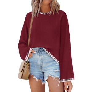 ZESICA Women's Oversized Long Sleeve Sweaters Fall Crewneck Color Block Loose Ribbed Knit Pullover Tops (Red, L)