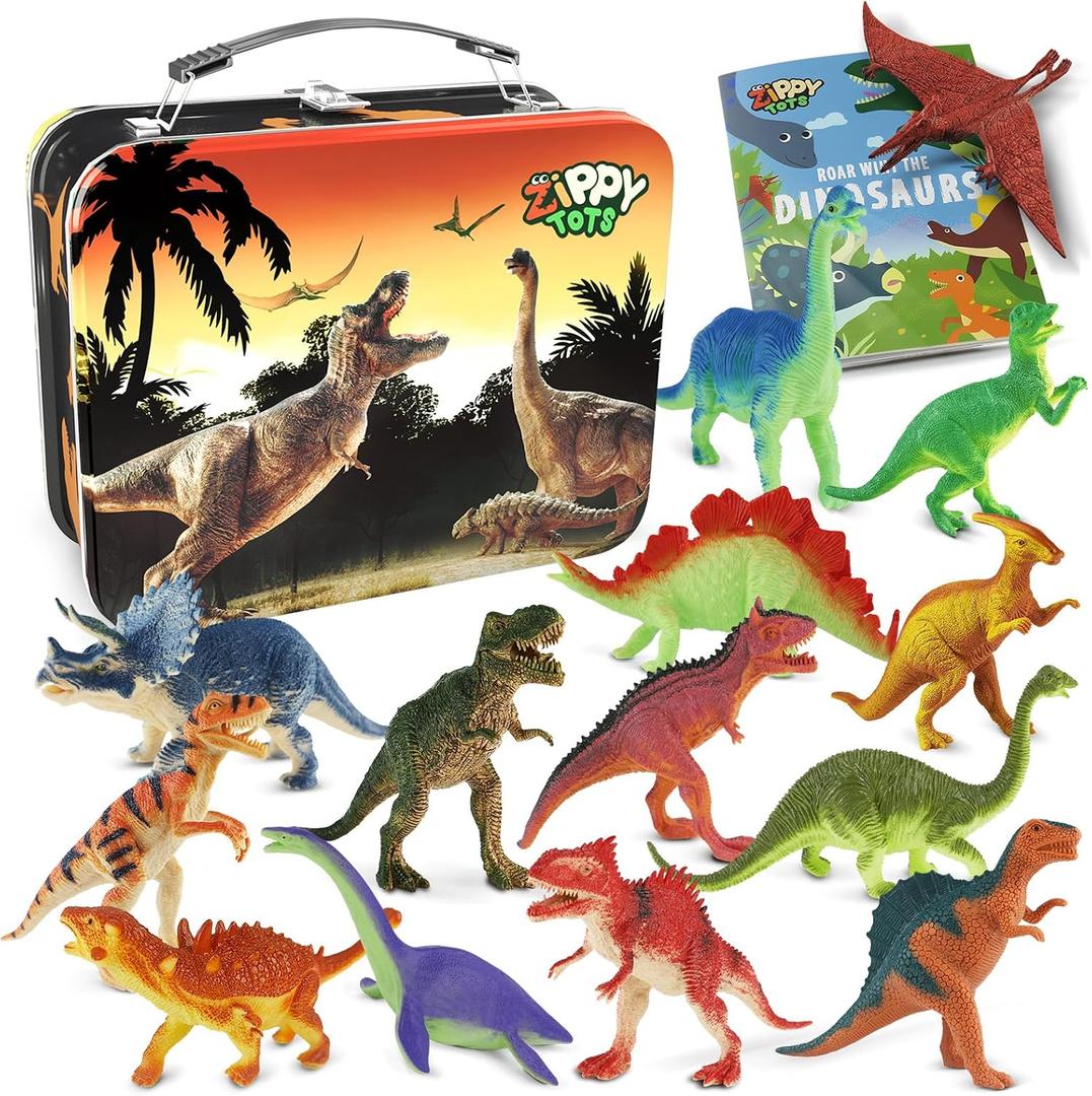 Zippytots Dinosaur Toys for Kids 3-5-7-14 Realistic Plastic Dinosaur Figures with Metal Storage Box & Learning Booklet - Educational Dino Figure Toys for Boys Girls Toddlers