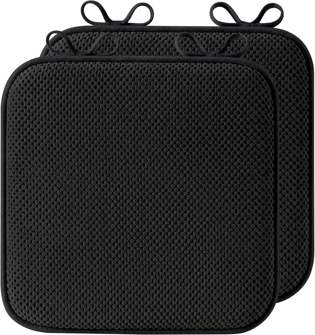 puredown Chair Cushions for Dining Chairs, Set of 2 Memory Foam Seat Cushions with Non-Slip Backing & Ties, 16" x 16" x 1.5", Comfortable & Supportive Dining Chair Pads for Kitchen, Black