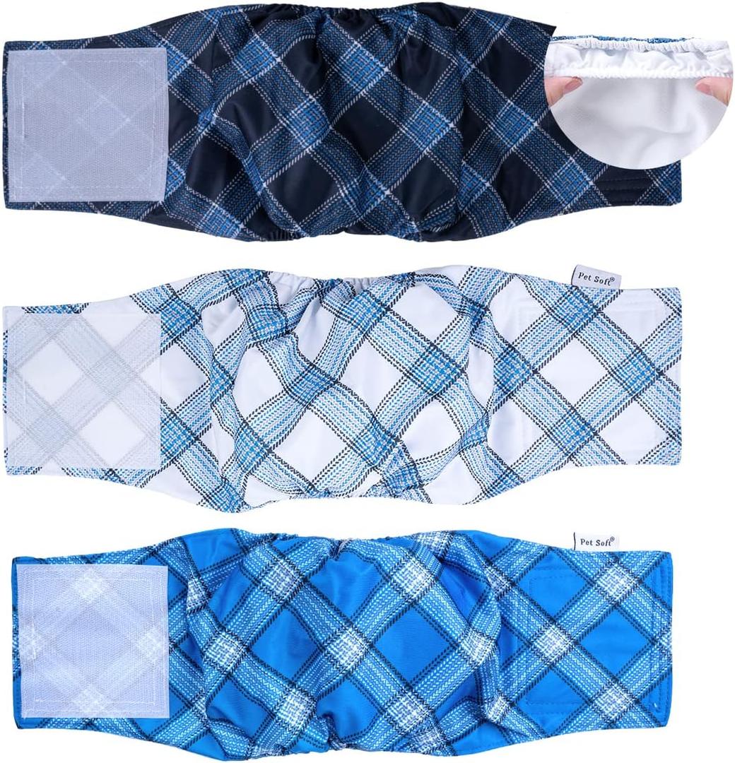 Pet Soft Dog Belly Bands - Washable Dog Diapers Belly Band for Male Dogs, Reusable Male Dogs Wraps 3pack for Doggy Puppy (Blue Plaid, L)