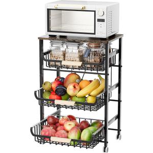 JAQ Fruit Vegetables Carts, 4-Tier Slide Out Metal Storage Baskets Stand Organizers with Wood Top and Handle on Rolling Wheels for Onions in Kitchen Pantry Fruteros para Cocina -(Black, 4 Layer)