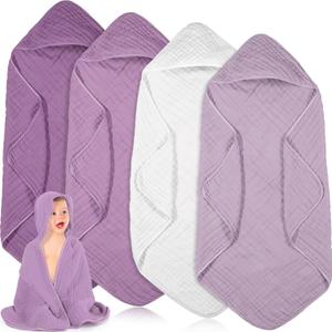 Peryiter 4 Pcs Muslin Hooded Baby Towels,32"x 32" Cotton Newborn Bath Towel Muslin Infant Baby Blankets Absorbent Unisex Newborn Registry Gift for Girls Boys (Purple Series)