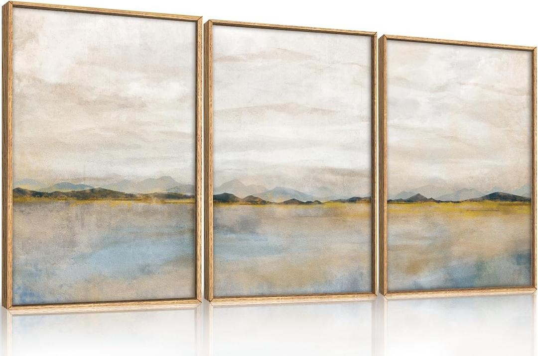 HLNIUC Large Abstract 3 Piece Wall Art 16x24, Neutral Distant Mountain Wall Decor, Watercolor Beige Dusty Nature Landscape Painting, Modern Pastel Scenery Art Prints for Living Room, Bedroom, Office (16L" x 24W")