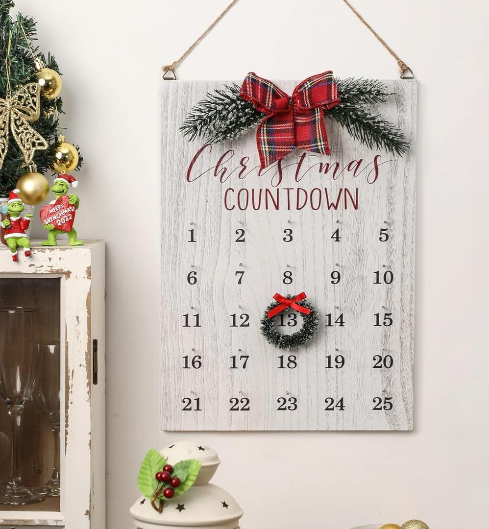 Christmas Countdown Calendar, Farmhouse Christmas Wreath Calendar, Vintage Advance Count Down to Christmas Sign, Xmas Wooden Hanging Decor for Wall Holiday (White)